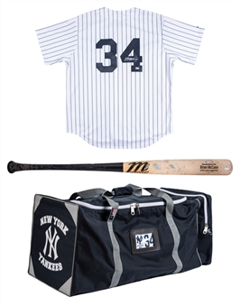 Lot of (3) 2014 Brian McCann Game Used Marucci Bat Used on 5/13/14, Brian McCann Team Issued New York Yankees Bag, and Brian McCann Signed New York Yankees Home Jersey (MLB Authenticated & Steiner)